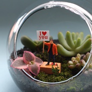 Terrario ‘Me, you’  - Jardín en vidrio en forma redonda con figura de hombre y letrero de amor. 