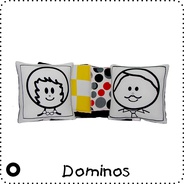 Dominos - Juego de dos cojines cada uno con tablero y sonajero para estimular la visión, el oído, el tacto y la motricidad. 
Recomendado para llevarlos  el día del nacimiento.  